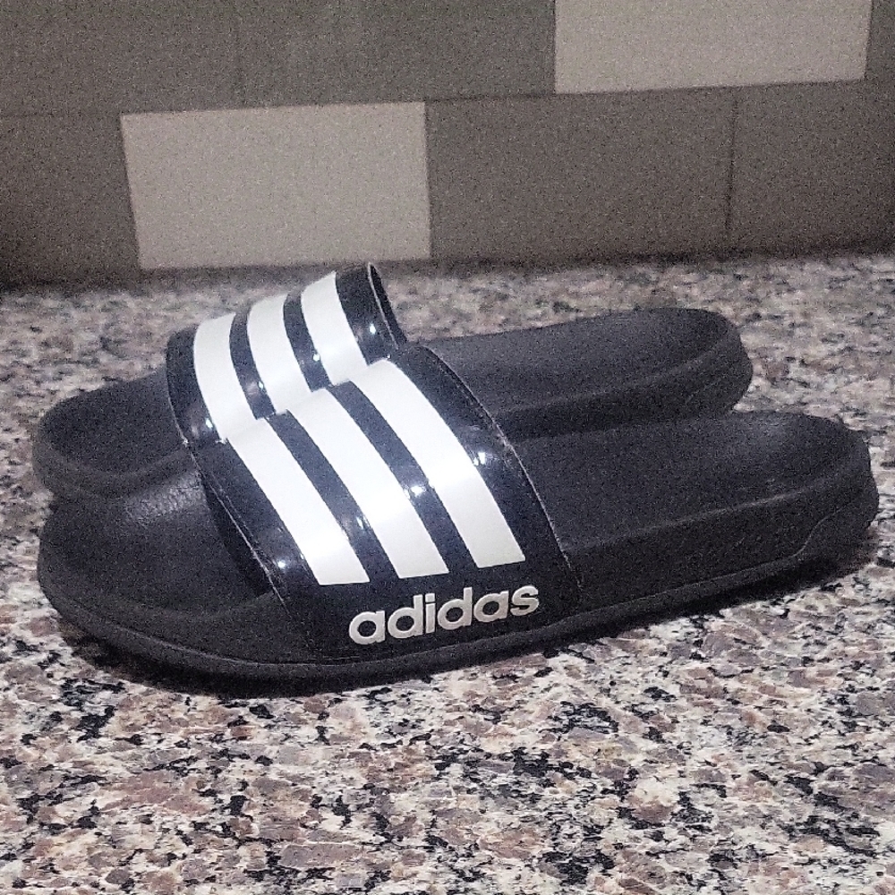 Adidas Black and White Striped Slides